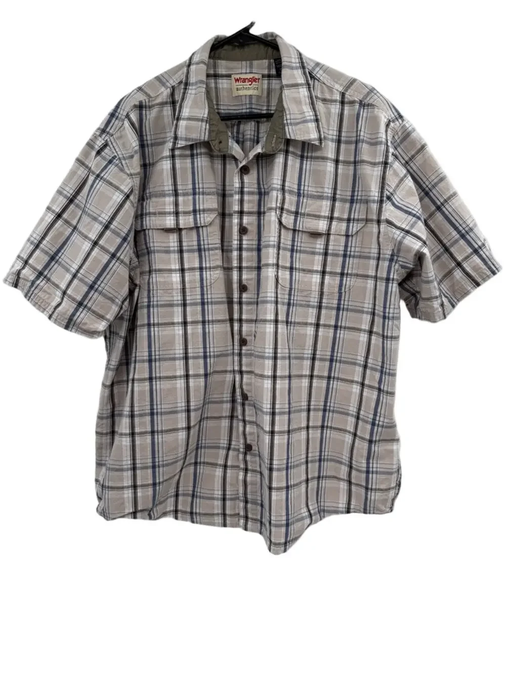 Wrangler Authentics Beige and Blue Plaid Short-Sleeve Button-Down Shirt Size 2XL
